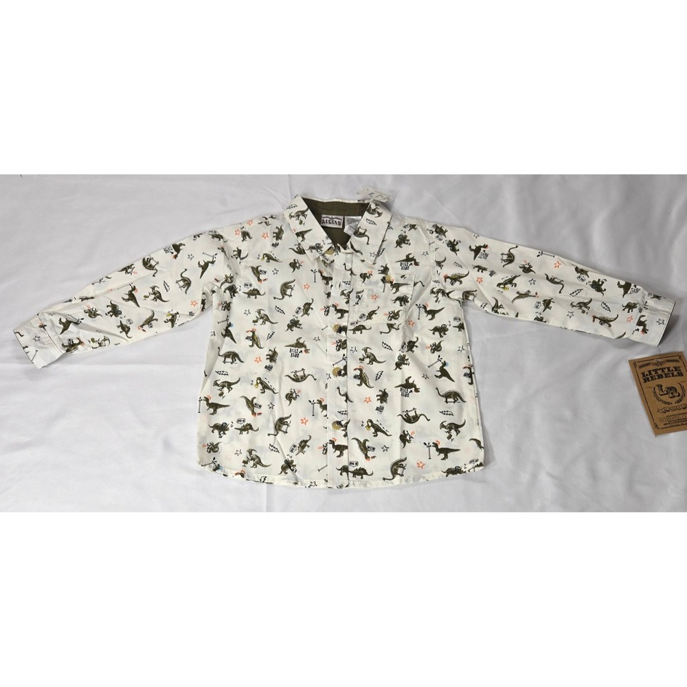Little Rebels Boys 4T Long Sleeve Button Up Shirt Cream color w- Dinosaurs